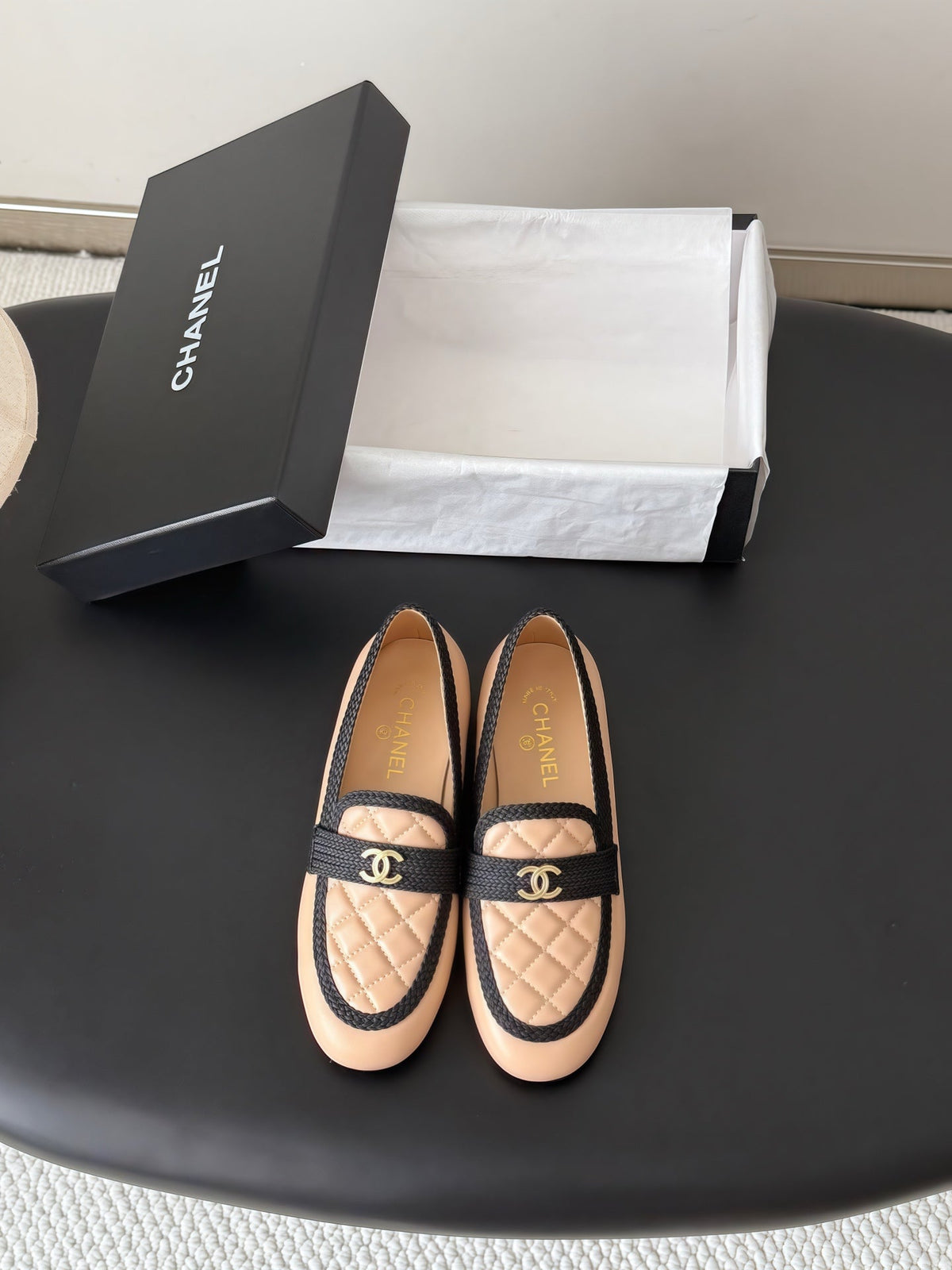 CC Quilted Logo Loafers Beige Leather 914187