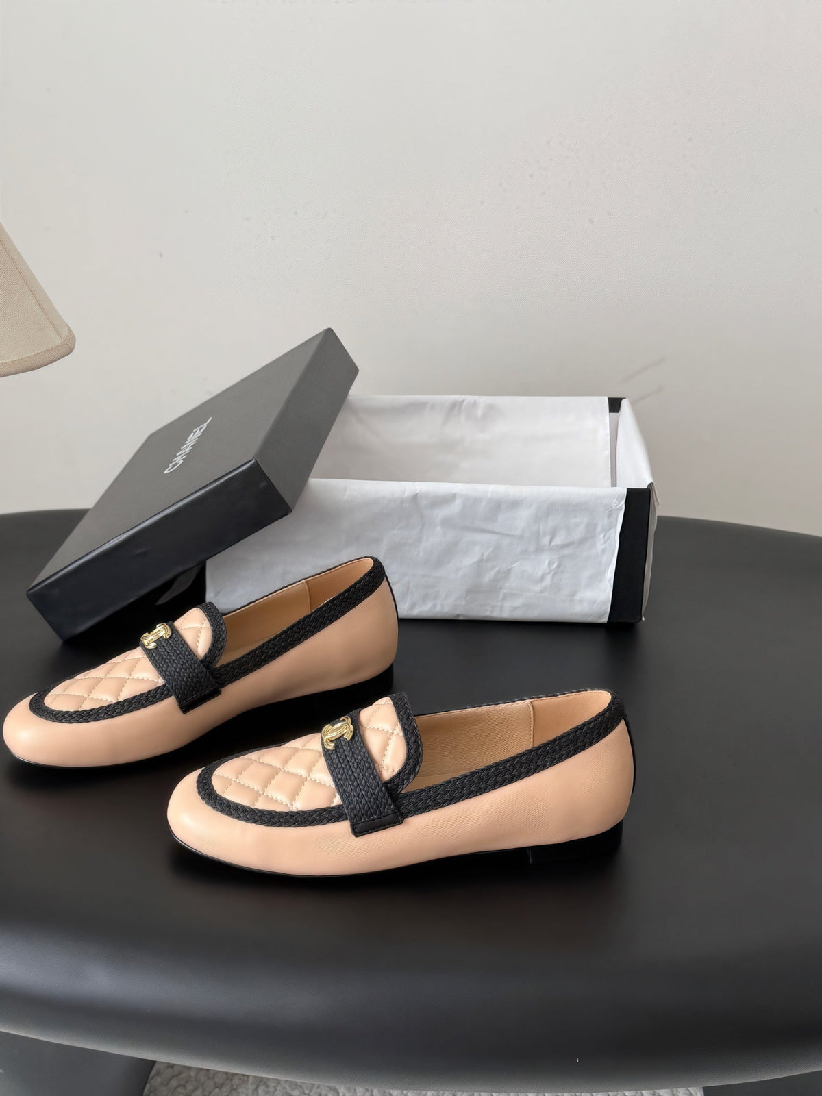 CC Quilted Logo Loafers Beige Leather 914187
