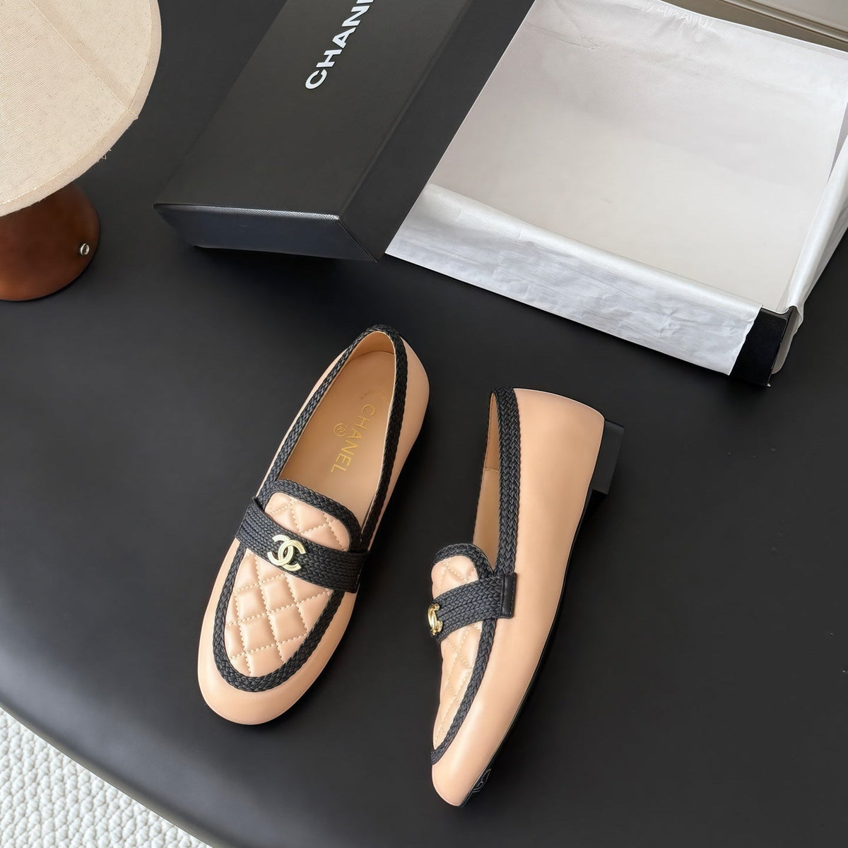 CC Quilted Logo Loafers Beige Leather 914187