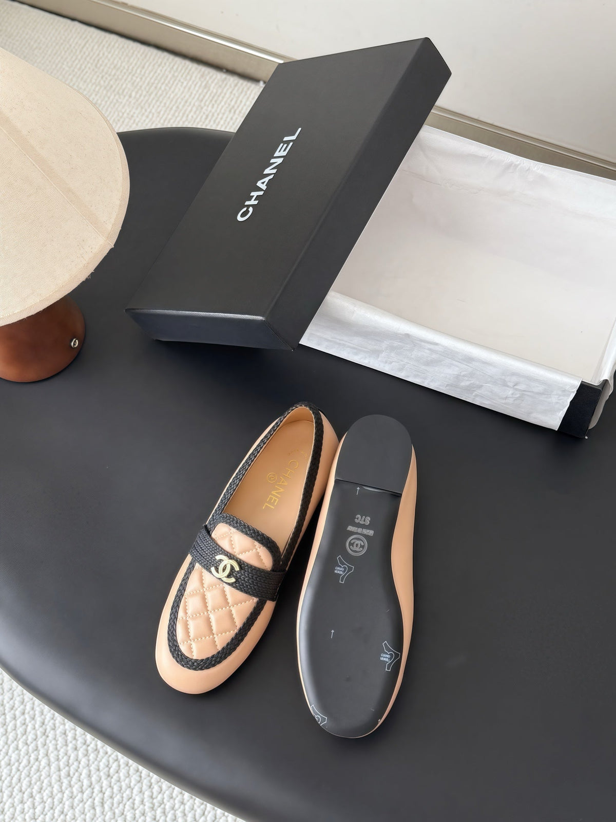 CC Quilted Logo Loafers Beige Leather 914187