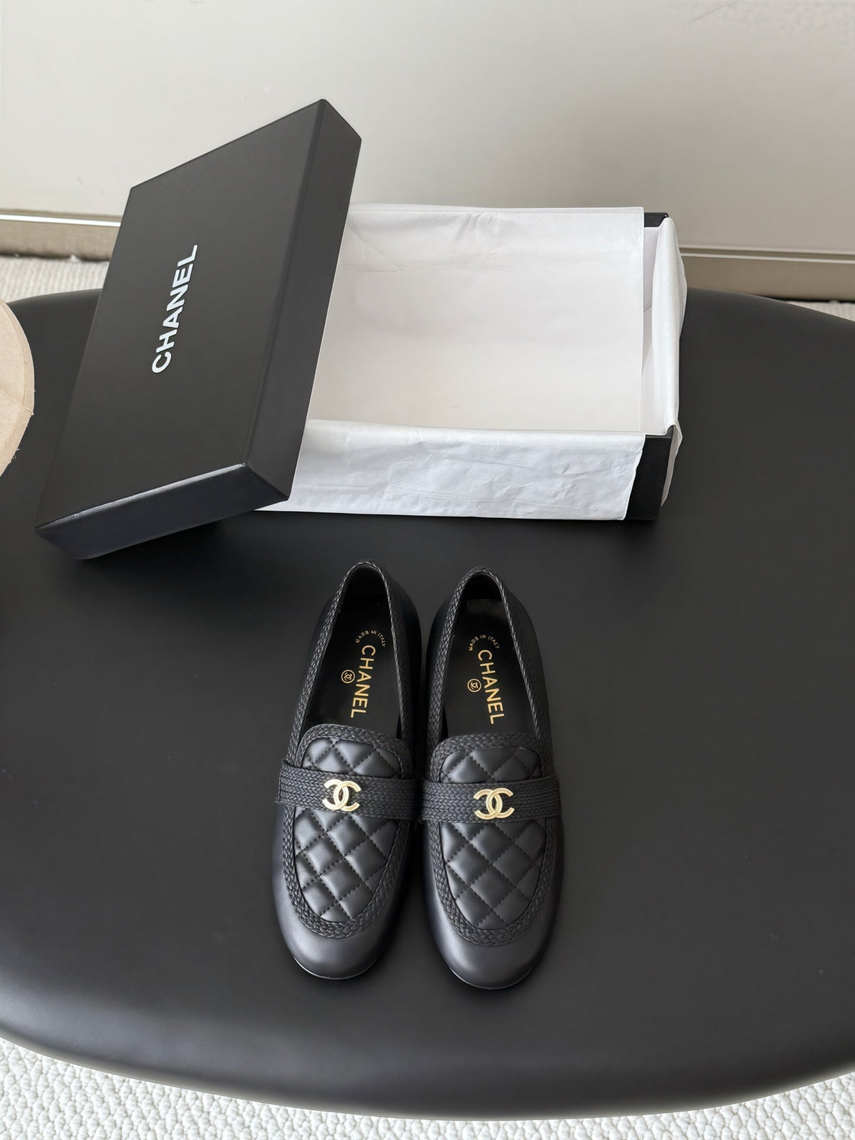 CC Quilted Logo Loafers Black Leather 914186