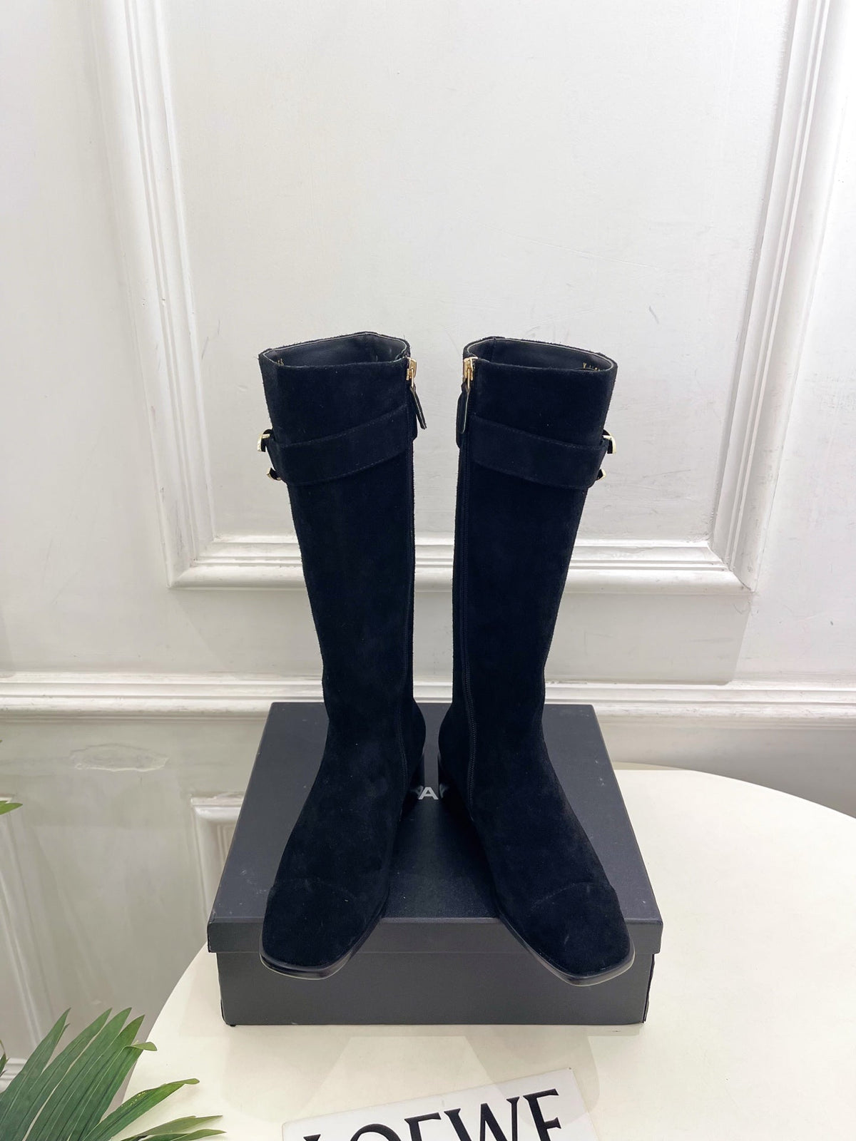 CC Double C Knee-High Boots 3.5CM Black Suede Leather 946898
