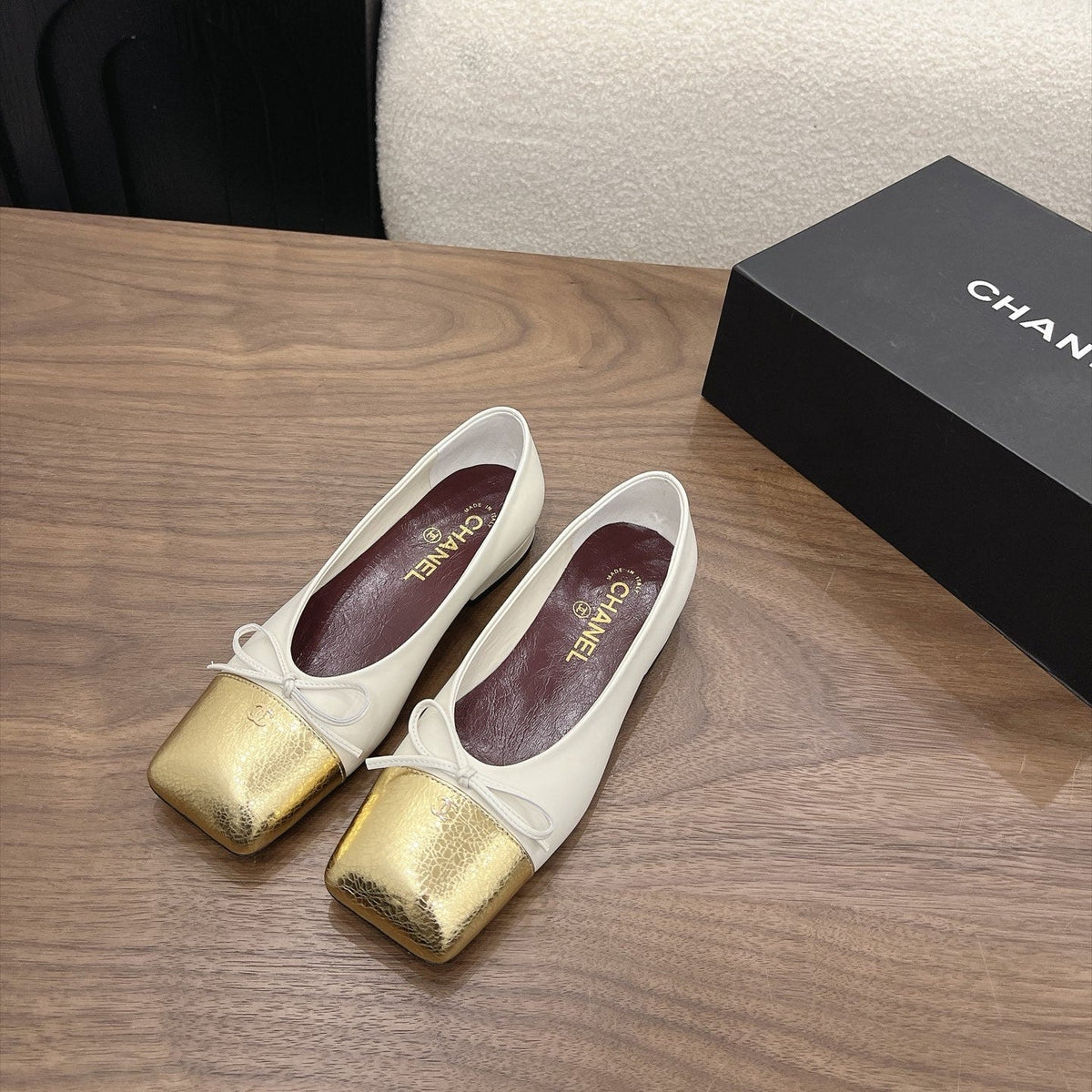CC Square-Toe Ballet Flats White Gold Lambskin 961514