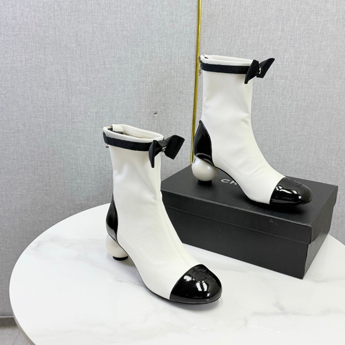 CC Mid-Calf Boots Pearl Ball Heel Bow Ivory Black Leather 972796