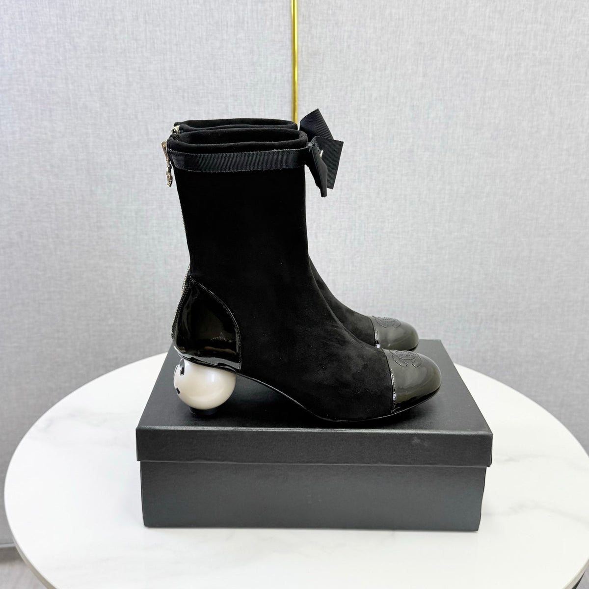 CC Mid-Calf Boots Pearl Ball Heel Bow Black Suede Leather 972797