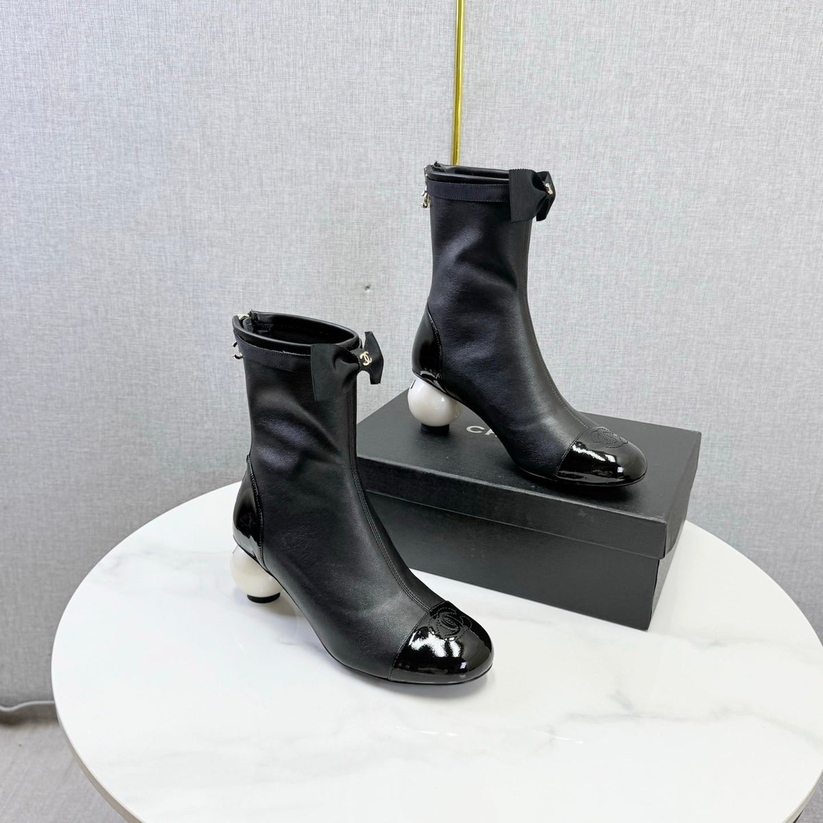 CC Mid-Calf Boots Pearl Ball Heel Bow Black Leather 972798