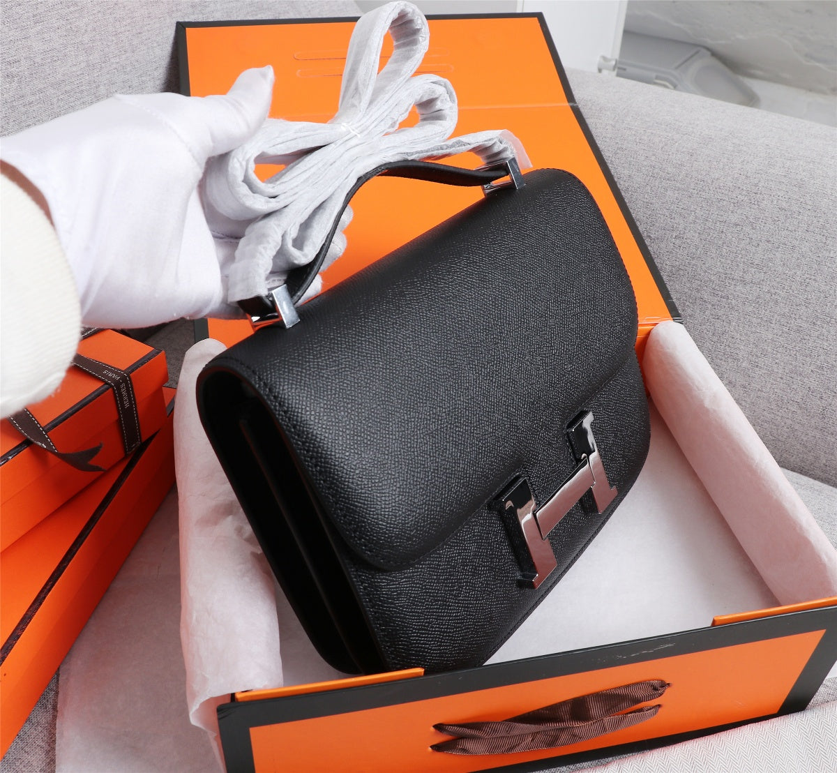 HM CONSTANCE BAGS 19 BLACK EPSOM SILVER HARDWARE