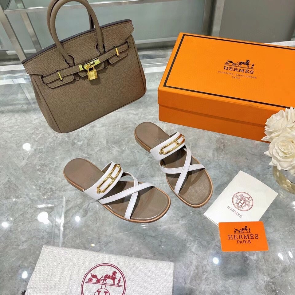 HM Claire Slippers Brown White Cowhide 546093