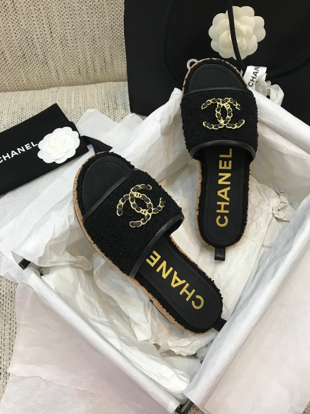 CC 26s Wooden Slippers Black Tweed Lambskin 916899