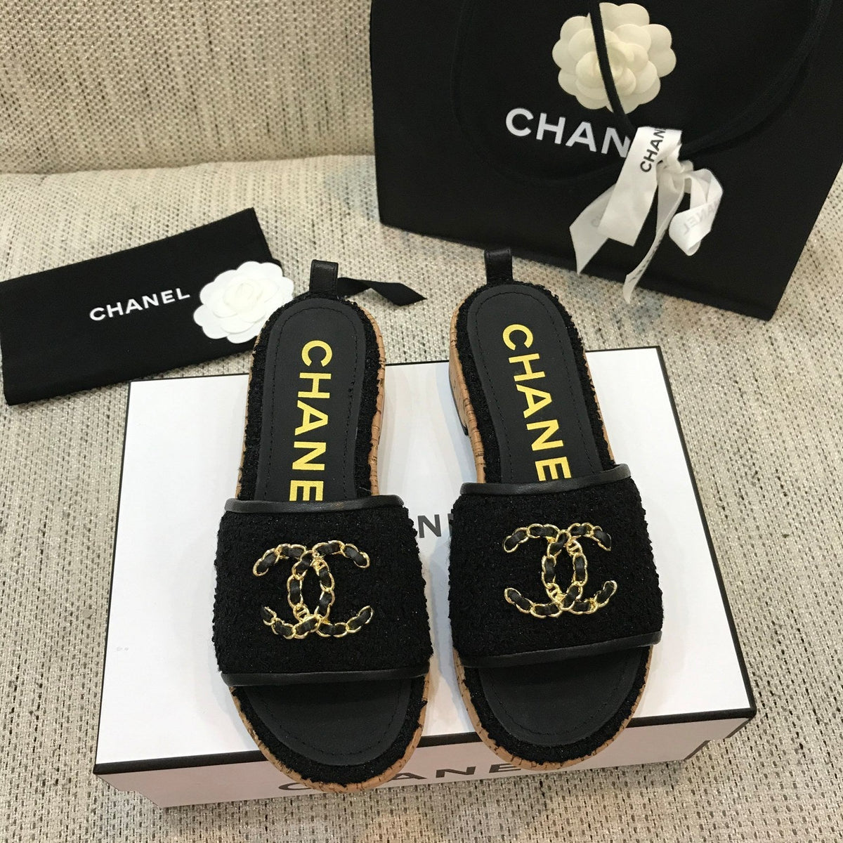 CC 26s Wooden Slippers Black Tweed Lambskin 916899