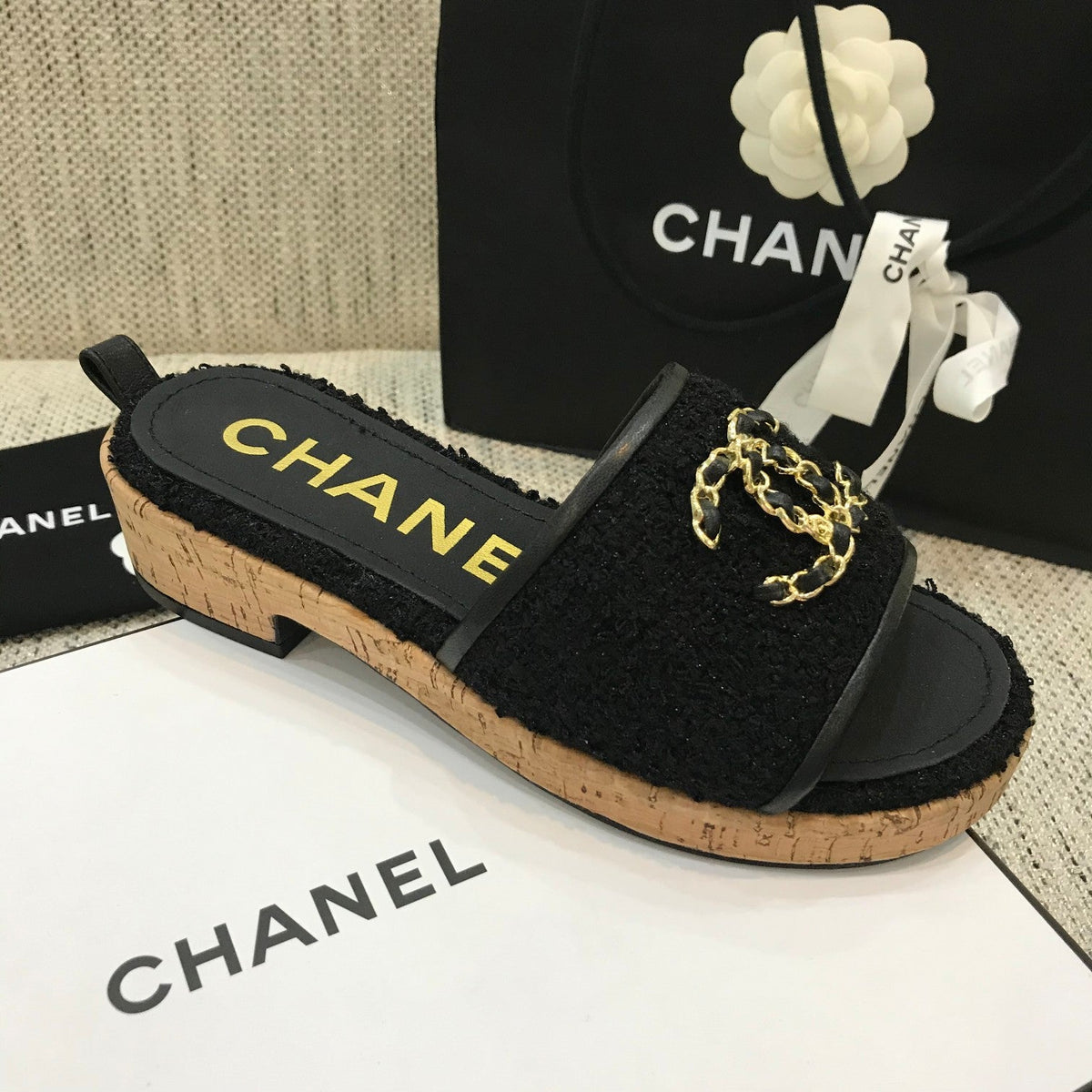CC 26s Wooden Slippers Black Tweed Lambskin 916899