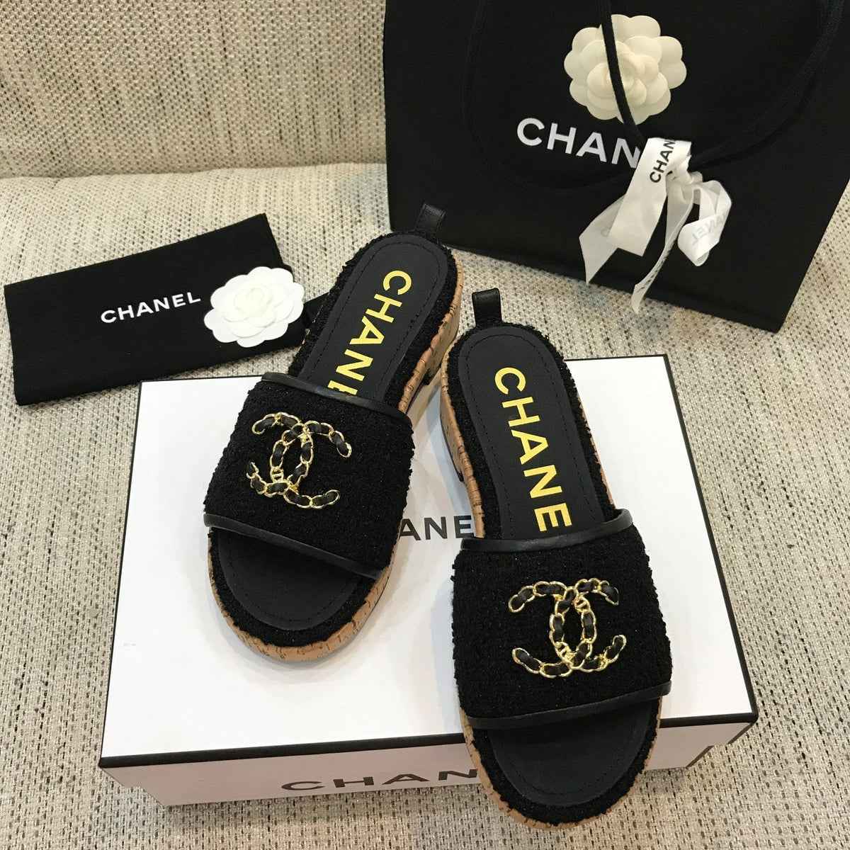CC 26s Wooden Slippers Black Tweed Lambskin 916899