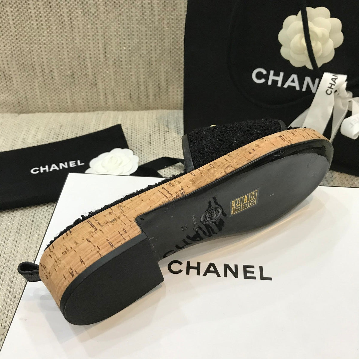 CC 26s Wooden Slippers Black Tweed Lambskin 916899