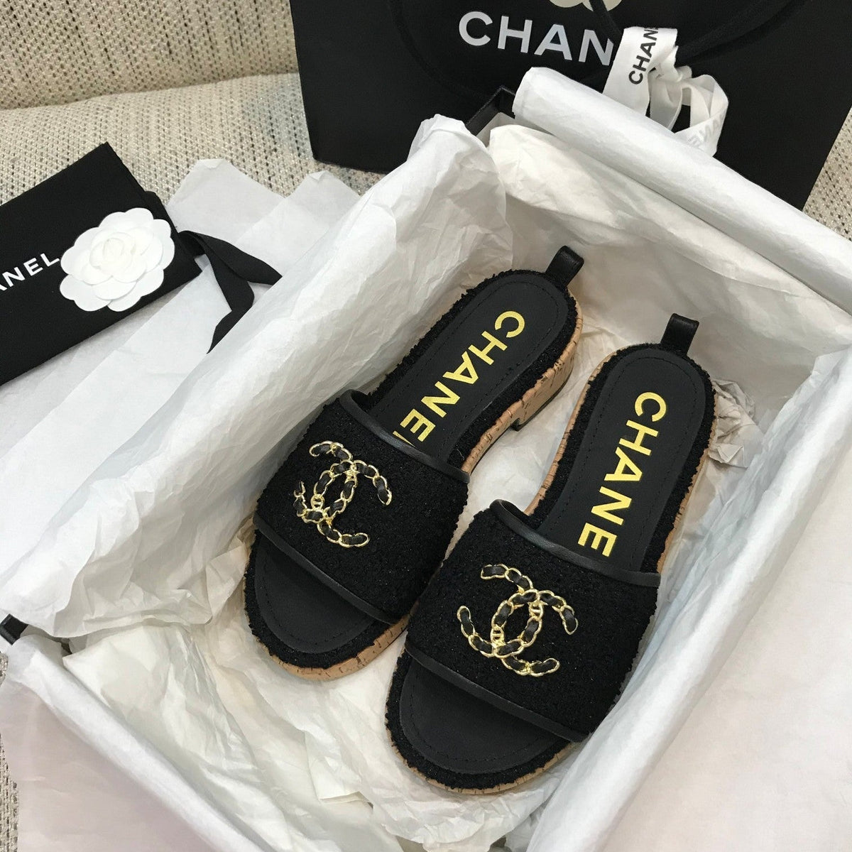 CC 26s Wooden Slippers Black Tweed Lambskin 916899