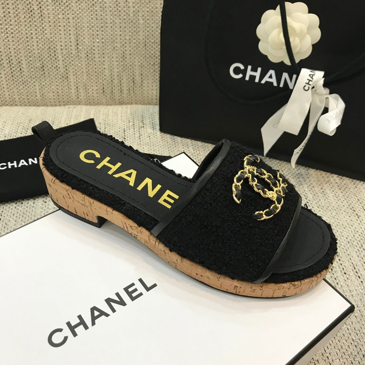 CC 26s Wooden Slippers Black Tweed Lambskin 916899