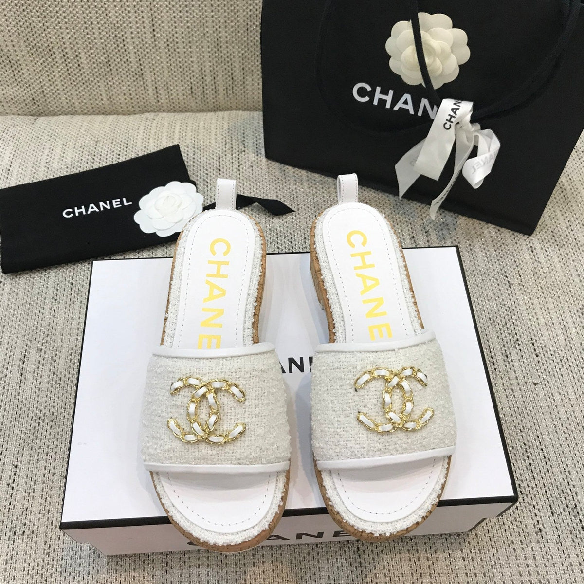 CC 26s Wooden Slippers White Tweed Lambskin 916900