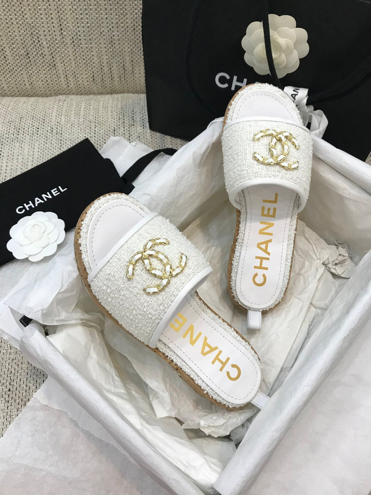 CC 26s Wooden Slippers White Tweed Lambskin 916900