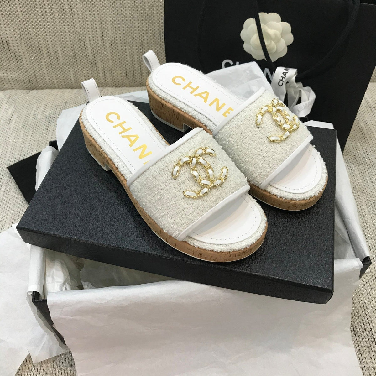 CC 26s Wooden Slippers White Tweed Lambskin 916900