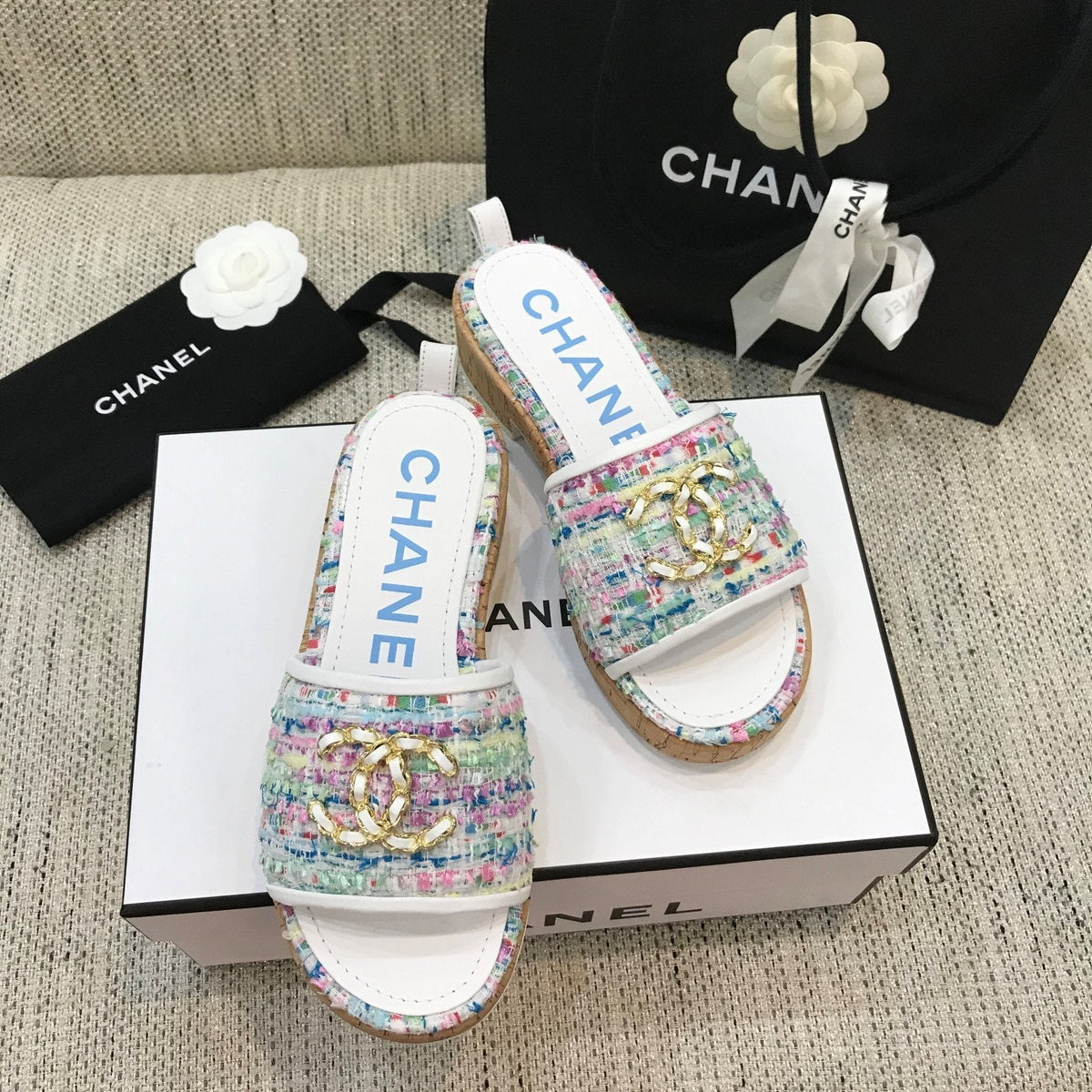 CC 26s Wooden Slippers White Colorful Tweed Lambskin 916901