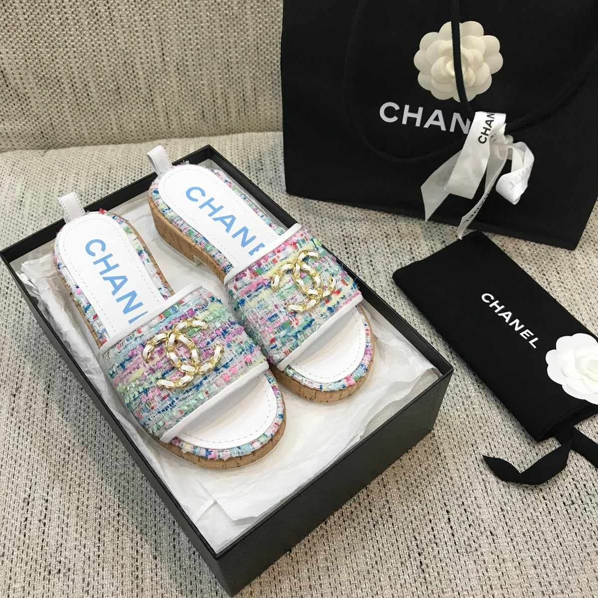 CC 26s Wooden Slippers White Colorful Tweed Lambskin 916901