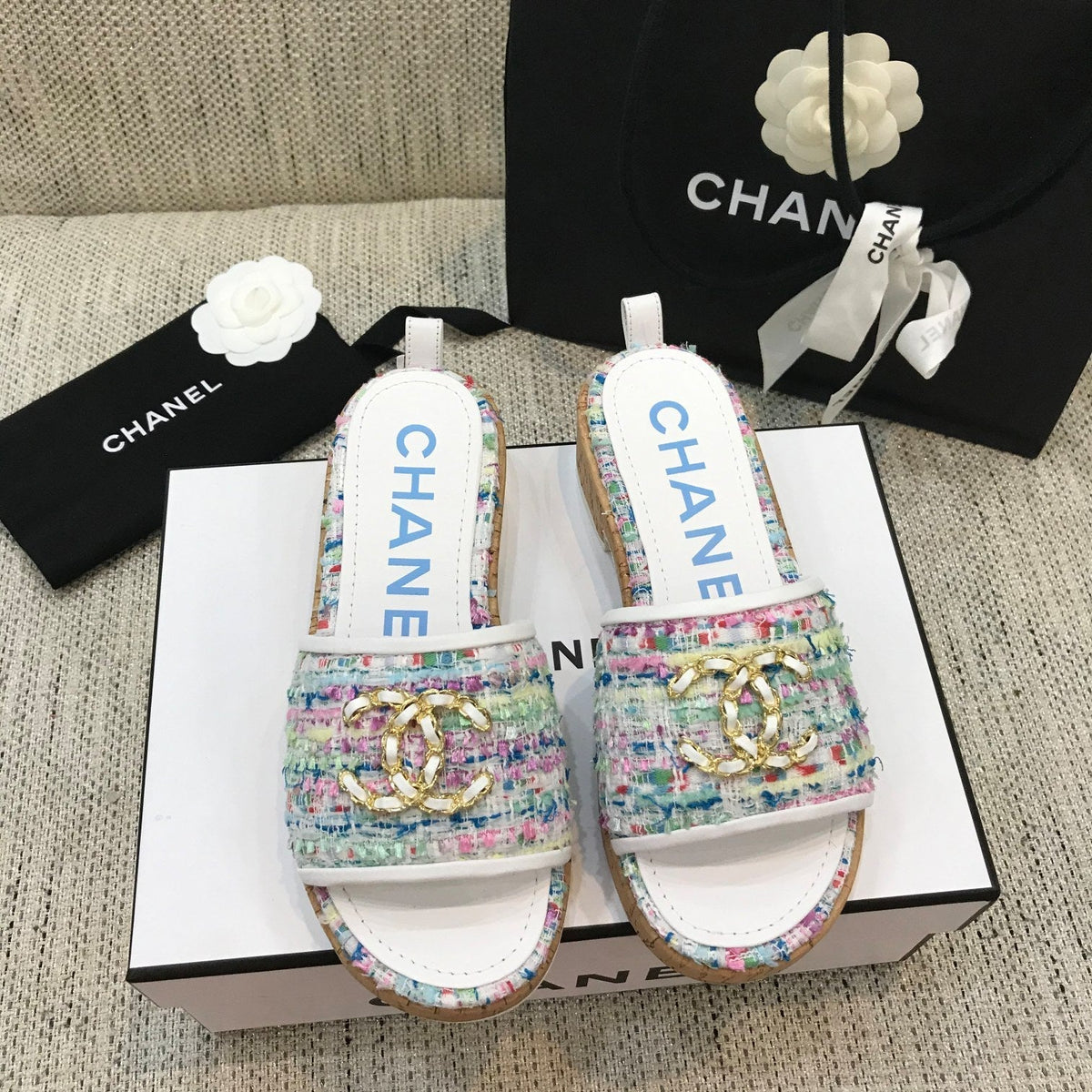 CC 26s Wooden Slippers White Colorful Tweed Lambskin 916901
