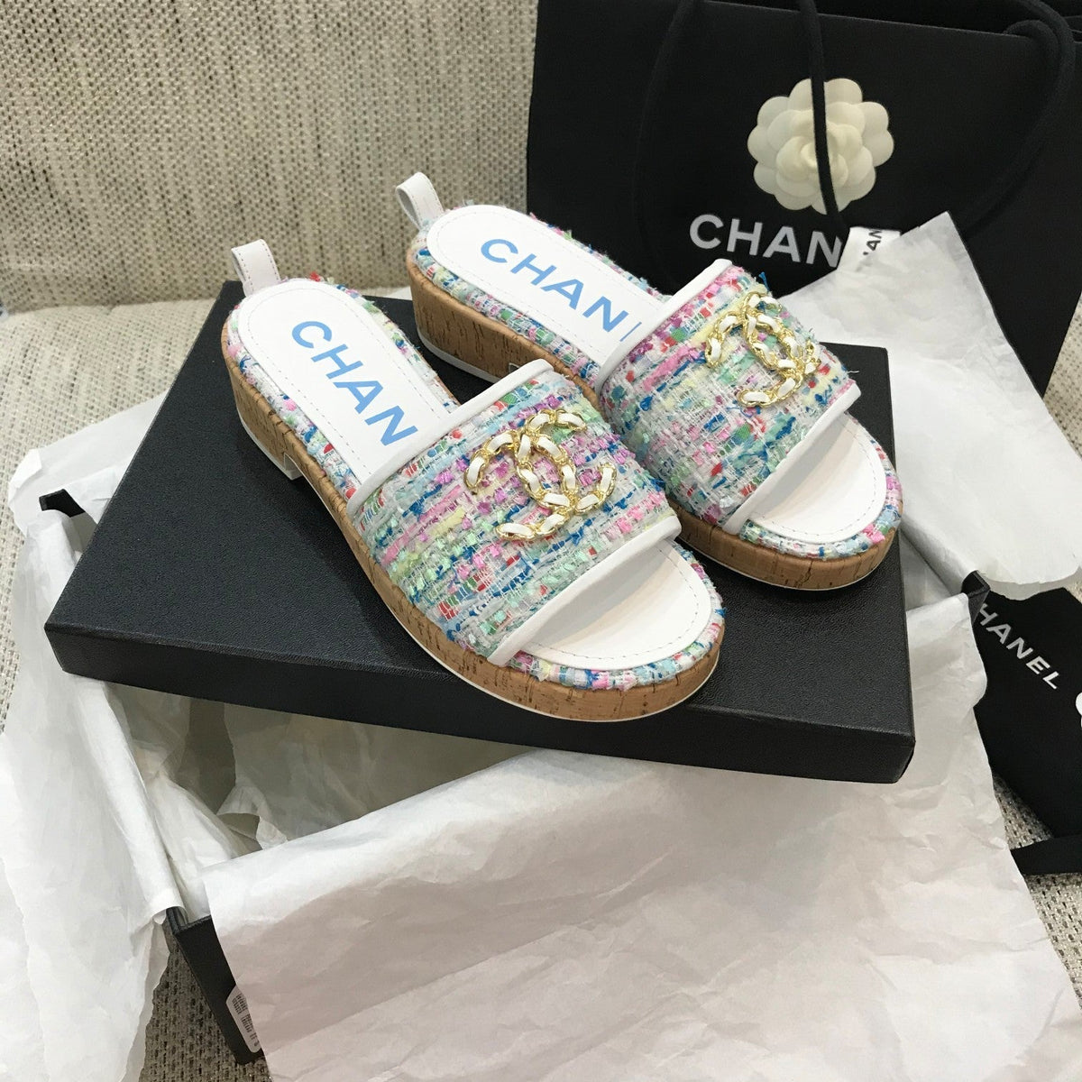 CC 26s Wooden Slippers White Colorful Tweed Lambskin 916901