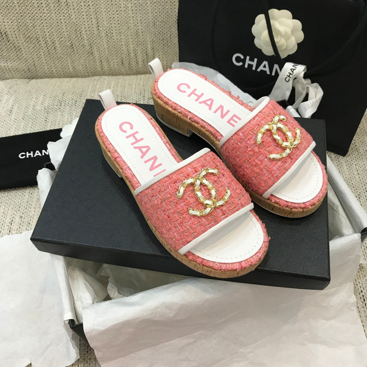 CC 26s Wooden Slippers White Hot Pink Tweed Lambskin 916903