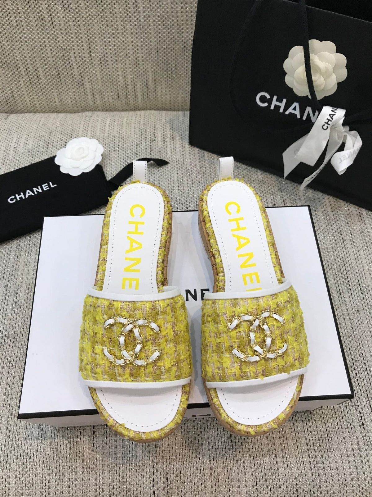 CC 26s Wooden Slippers White Yellow Tweed Lambskin 916902