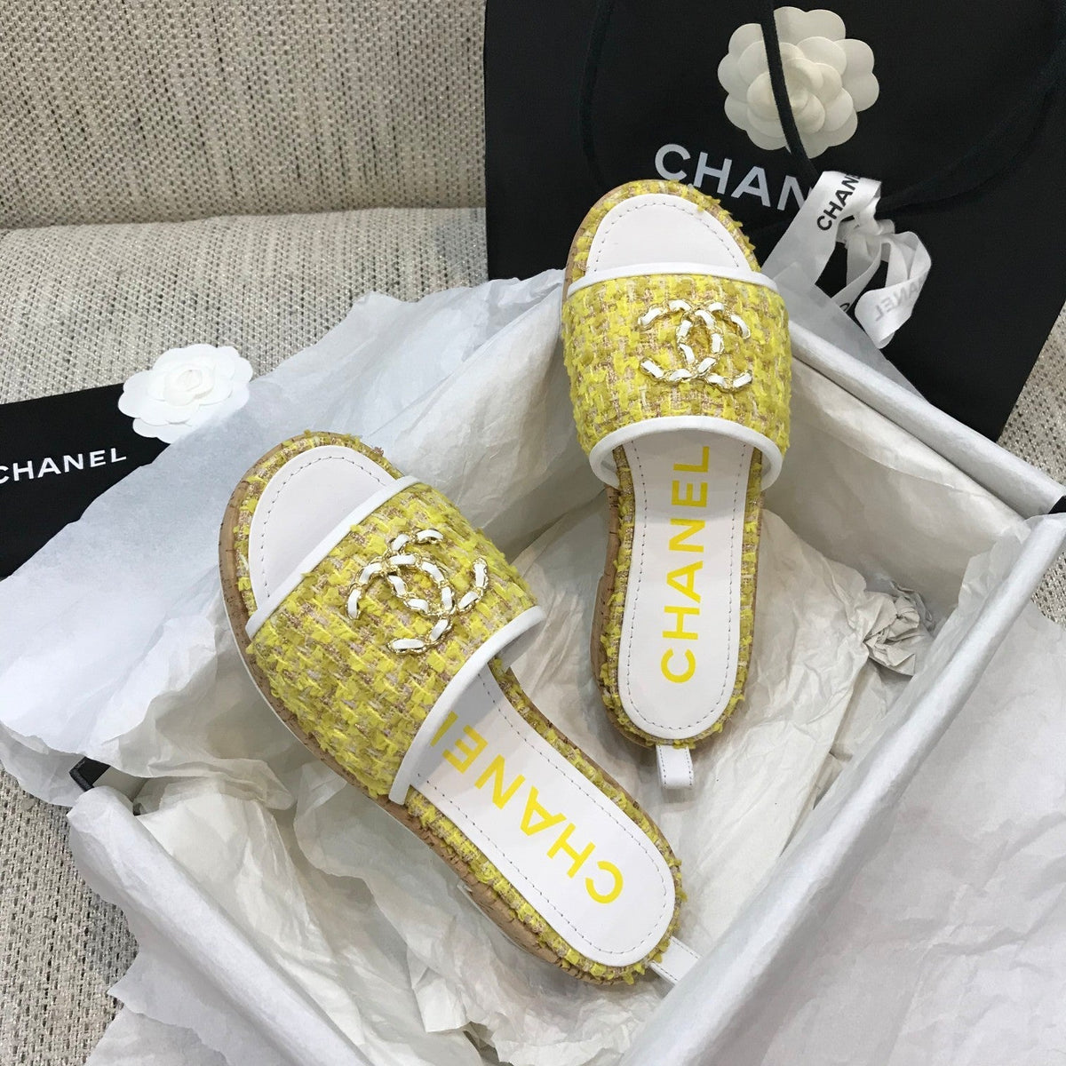 CC 26s Wooden Slippers White Yellow Tweed Lambskin 916902