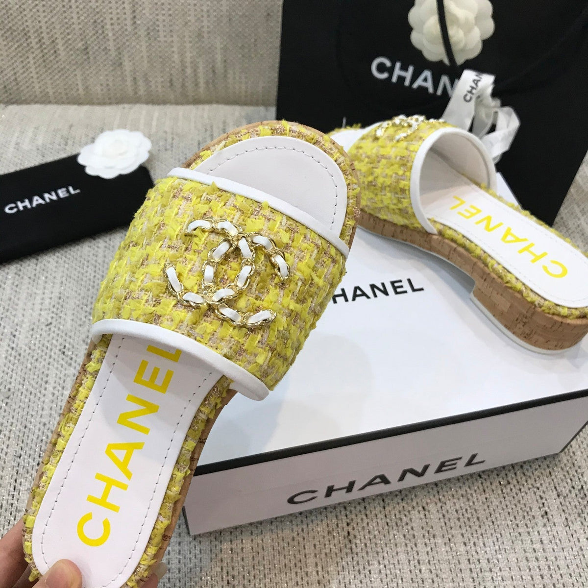 CC 26s Wooden Slippers White Yellow Tweed Lambskin 916902