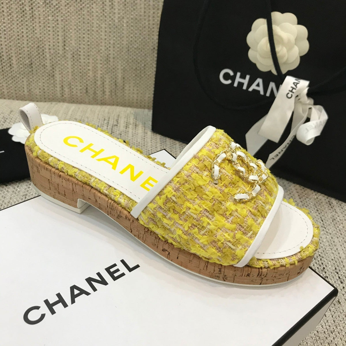 CC 26s Wooden Slippers White Yellow Tweed Lambskin 916902