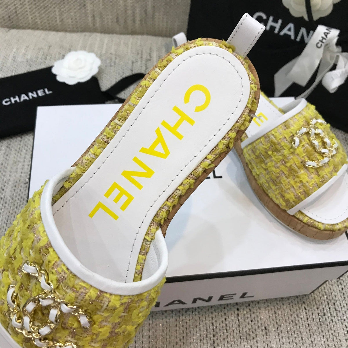 CC 26s Wooden Slippers White Yellow Tweed Lambskin 916902