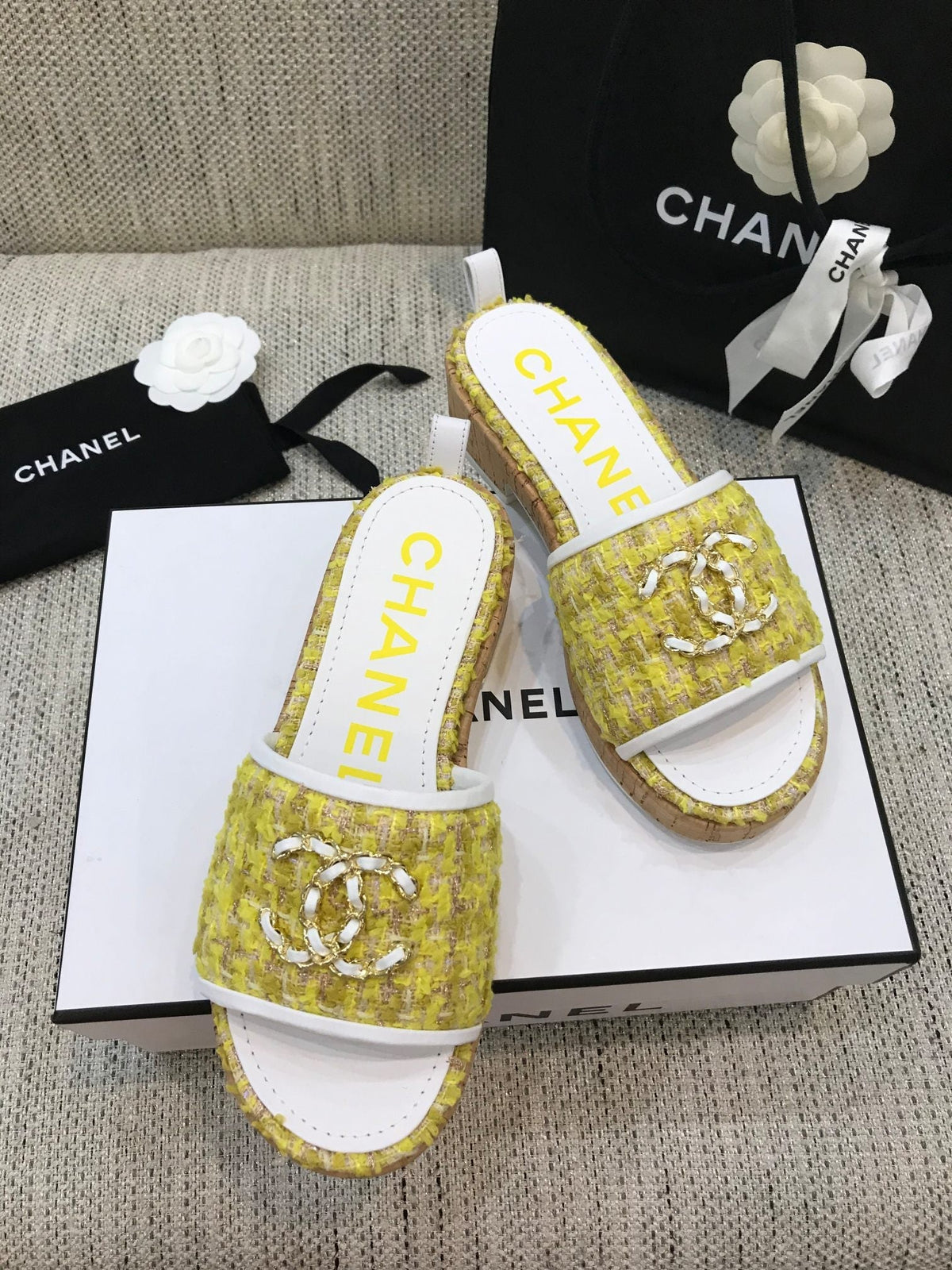 CC 26s Wooden Slippers White Yellow Tweed Lambskin 916902