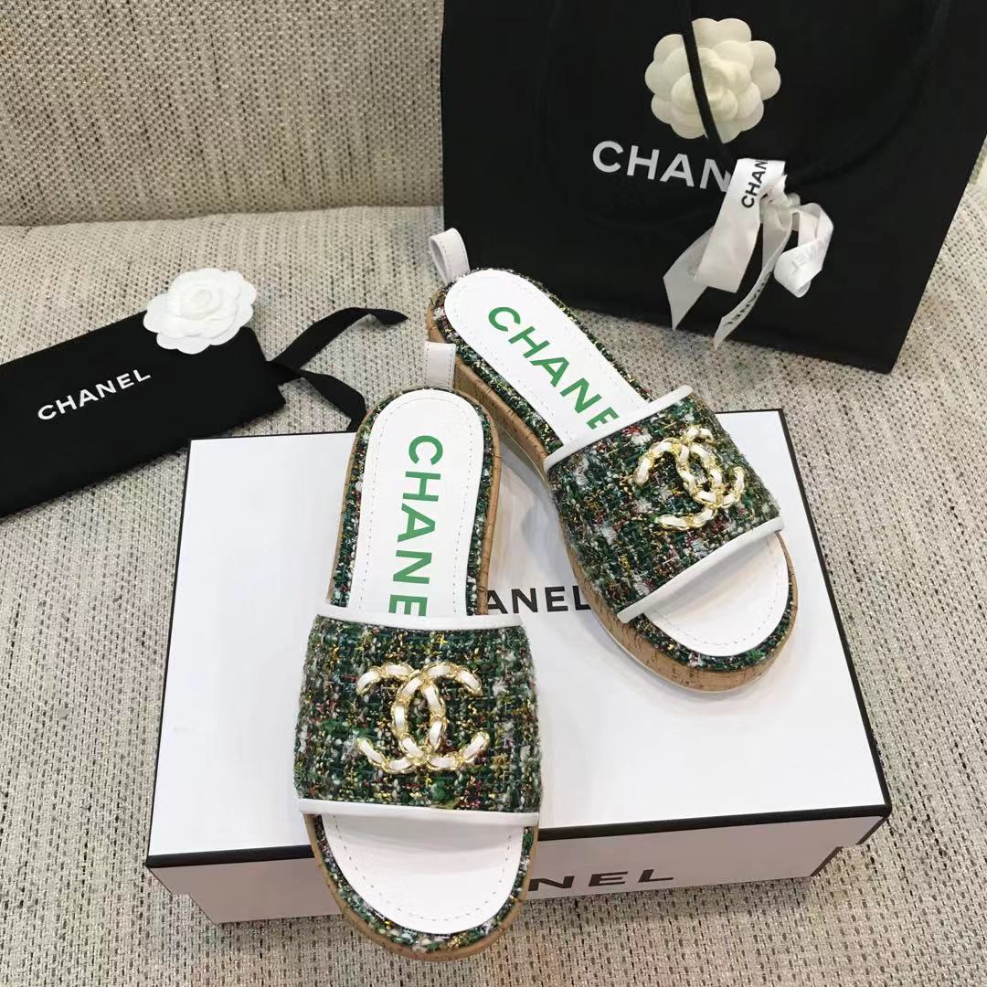 CC 26s Wooden Slippers White Green Tweed Lambskin 916904