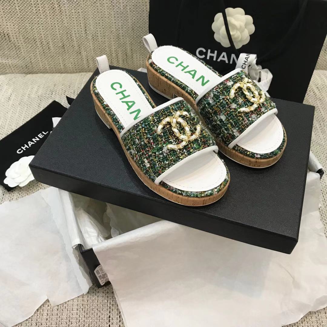 CC 26s Wooden Slippers White Green Tweed Lambskin 916904