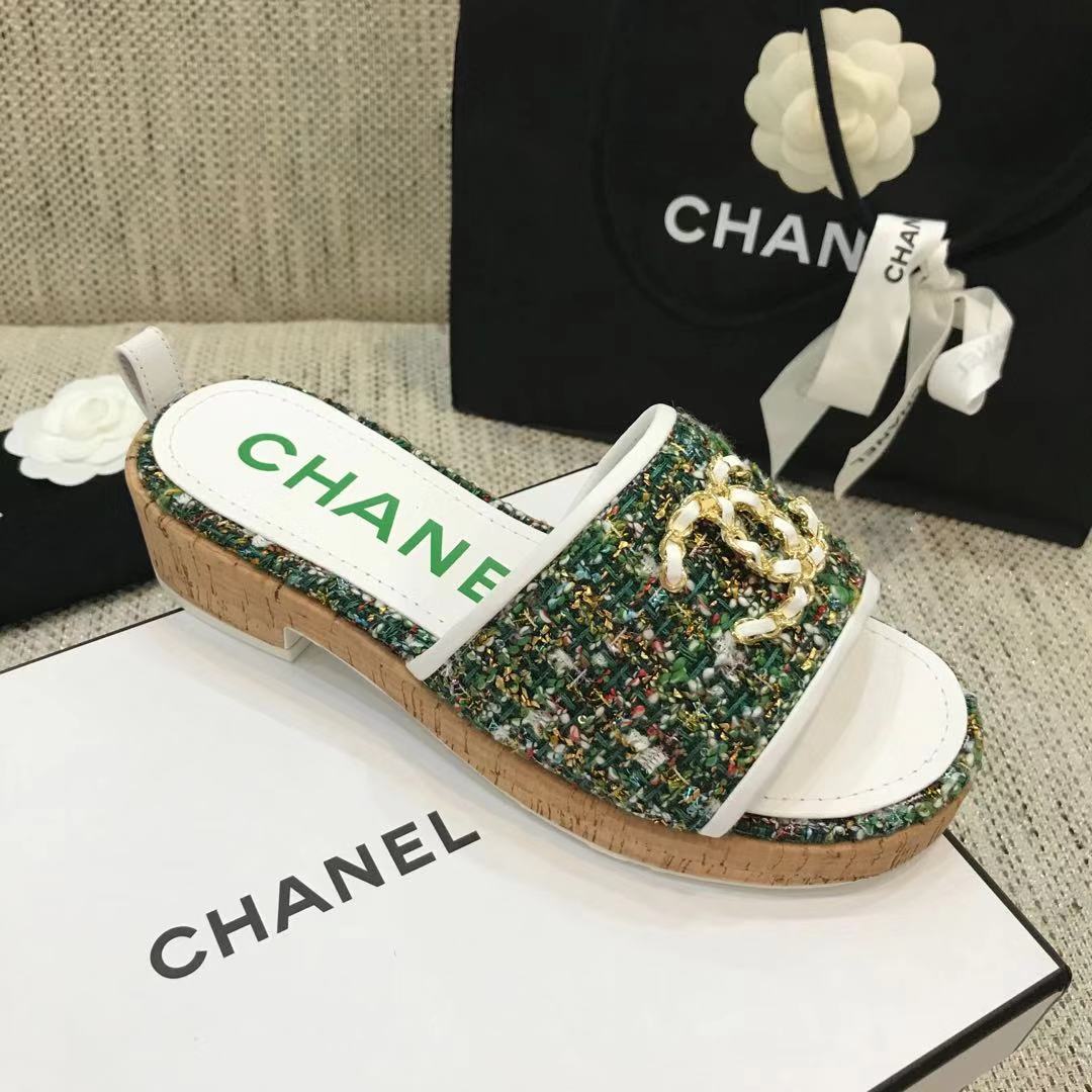 CC 26s Wooden Slippers White Green Tweed Lambskin 916904