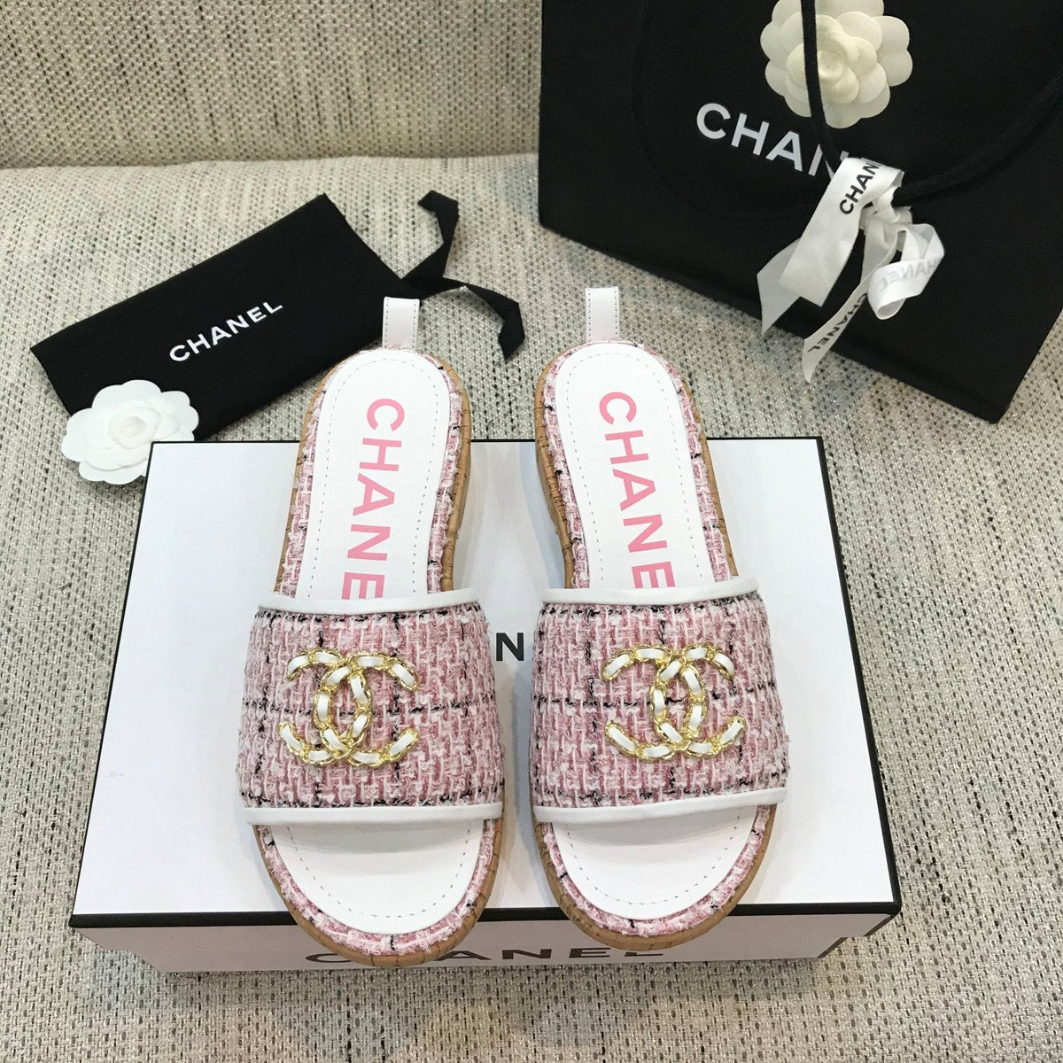 CC 26s Wooden Slippers White Pink Tweed Lambskin 916905