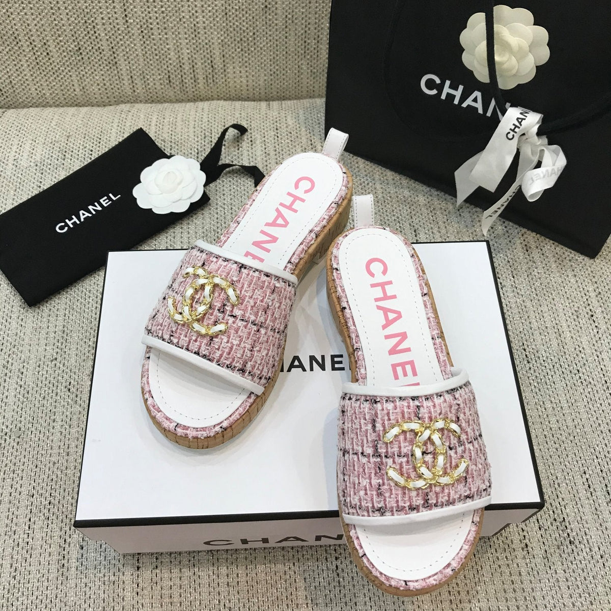 CC 26s Wooden Slippers White Pink Tweed Lambskin 916905