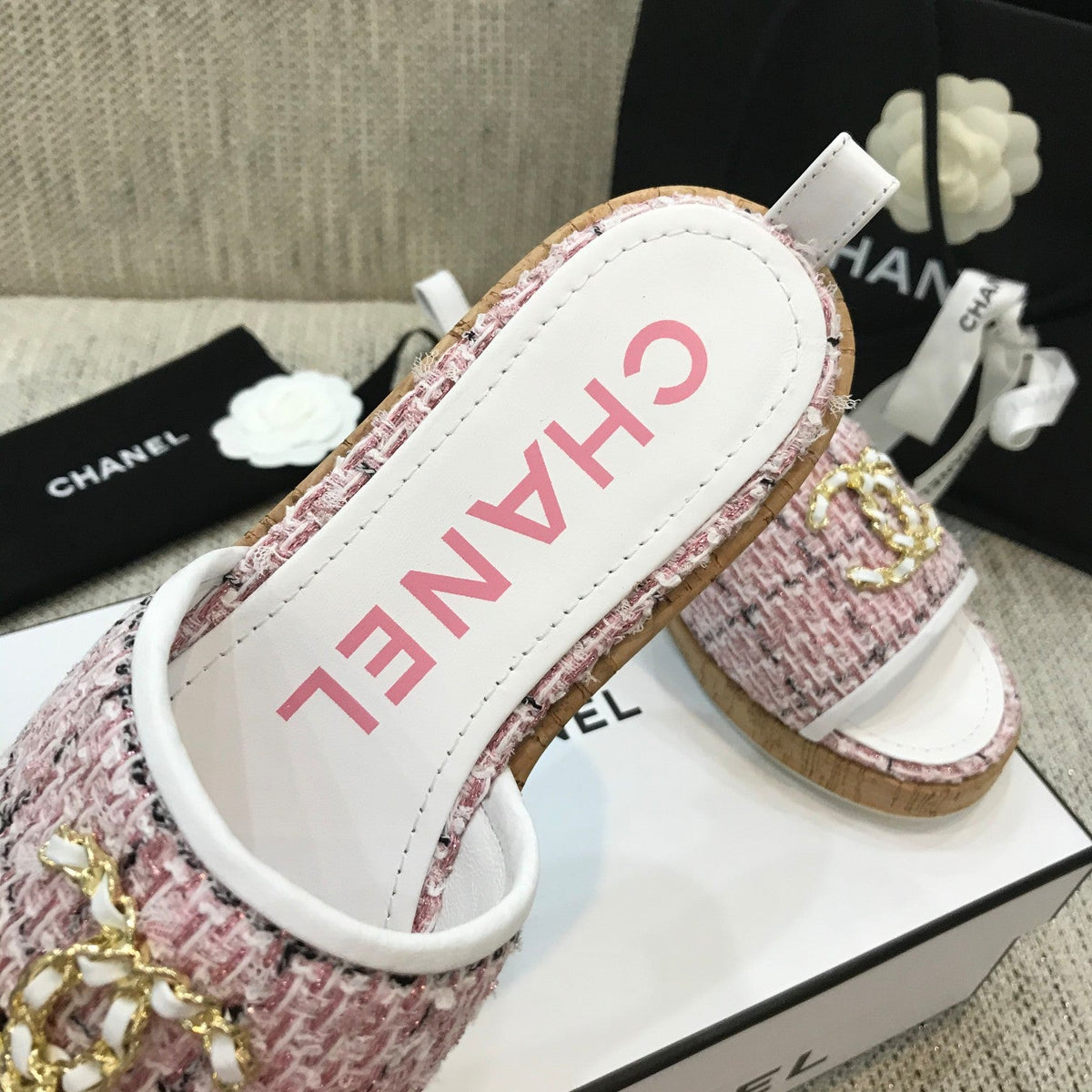 CC 26s Wooden Slippers White Pink Tweed Lambskin 916905