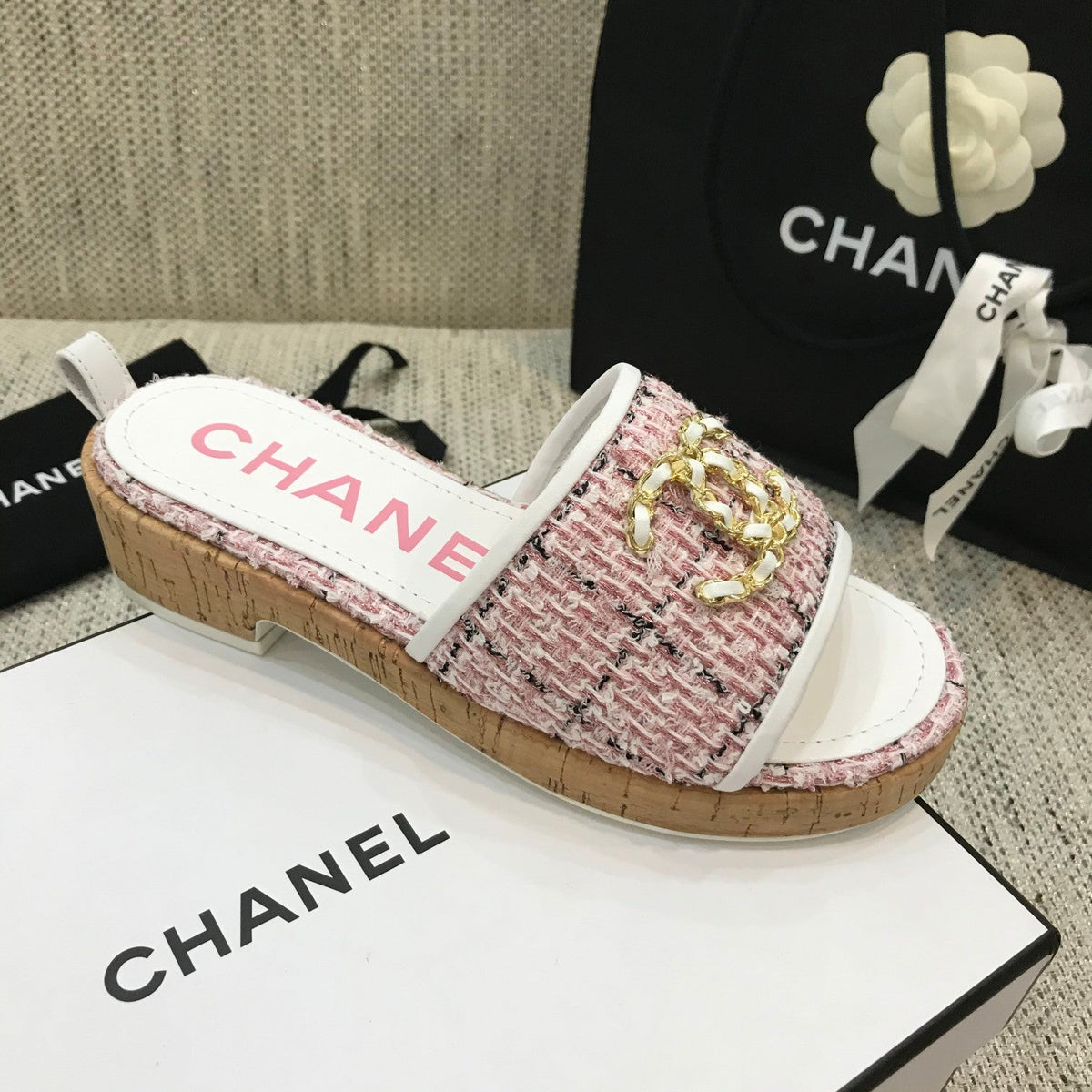 CC 26s Wooden Slippers White Pink Tweed Lambskin 916905