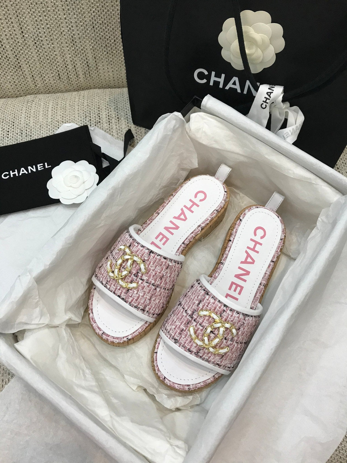 CC 26s Wooden Slippers White Pink Tweed Lambskin 916905