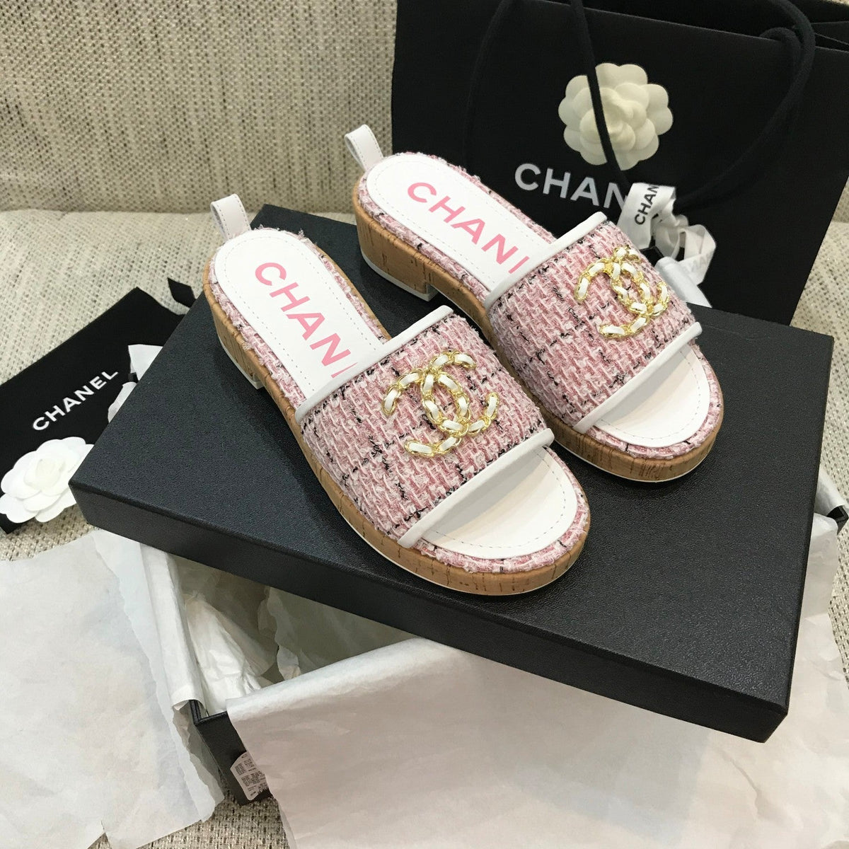 CC 26s Wooden Slippers White Pink Tweed Lambskin 916905