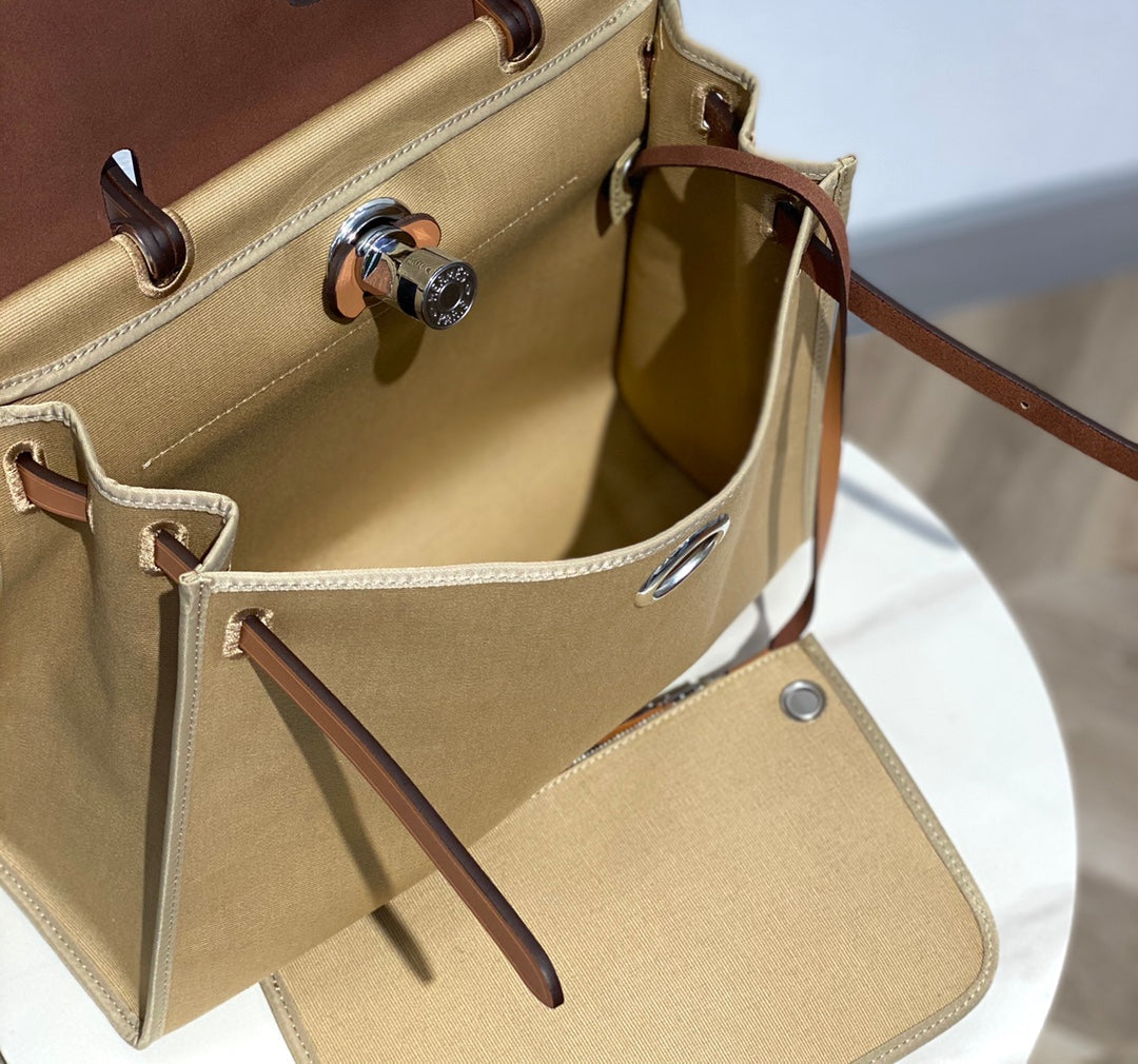 Herbag 31 Toile Beige Canvas Gold Cowhide Leather