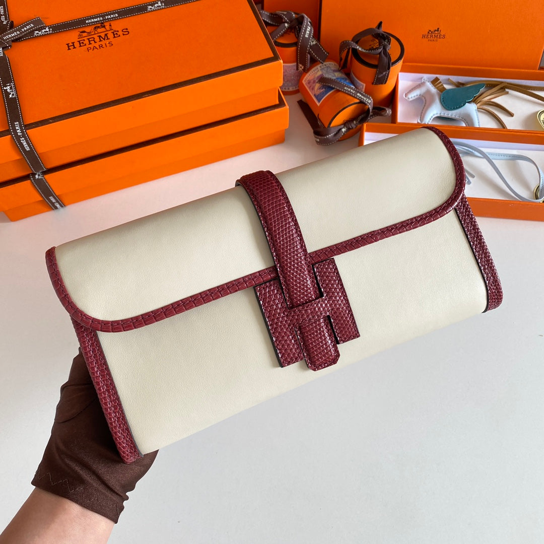 HM Jige Elan 29 Clutch In White Calfskin With Garnet Red Lizard Skin (25 days of production)