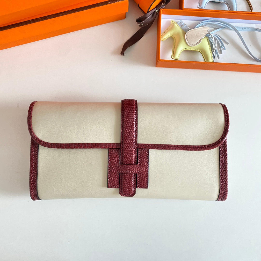 HM Jige Elan 29 Clutch In White Calfskin With Garnet Red Lizard Skin (25 days of production)