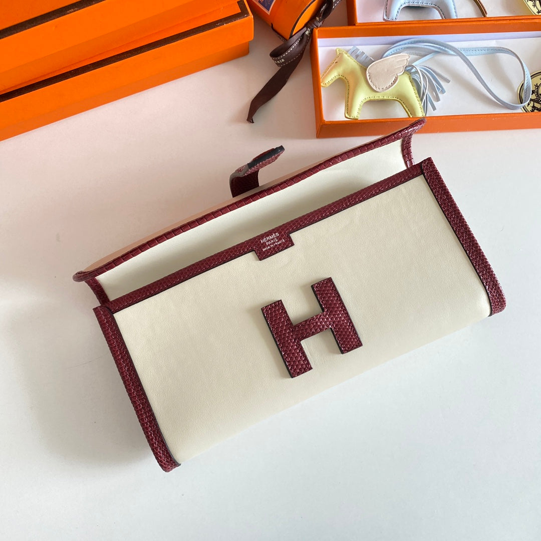 HM Jige Elan 29 Clutch In White Calfskin With Garnet Red Lizard Skin (25 days of production)