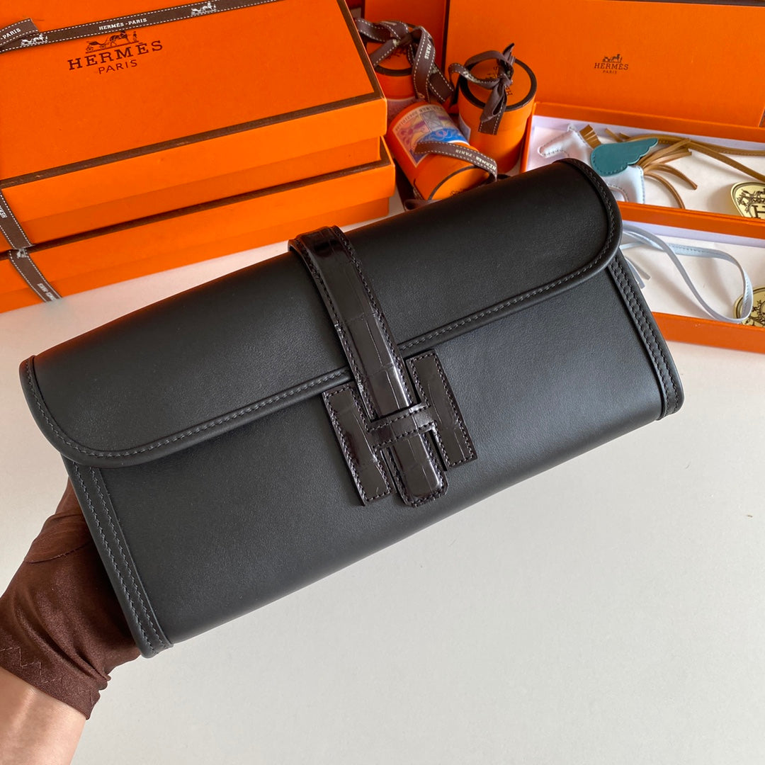 HM Jige Elan 29 Clutch In Black Calfskin With Lizard Skin(25 days of production)