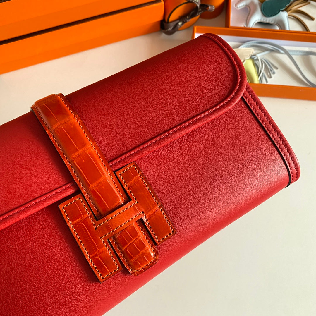 HM Jige Elan 29 Clutch In Ruby Red Calfskin With Apple Red Lizard Skin (25 days of production)