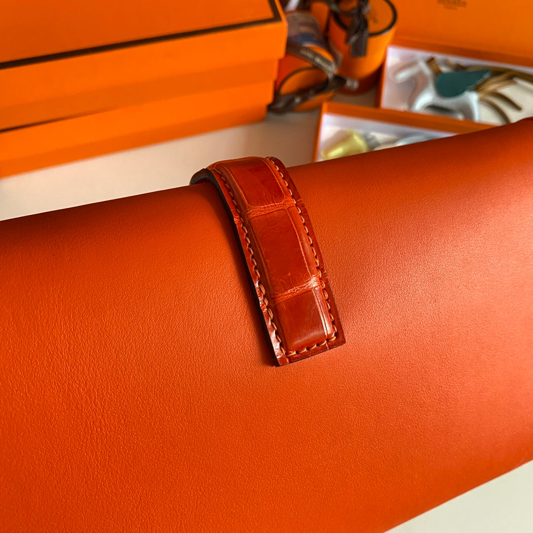 HM Jige Elan 29 Clutch In Bright Orange Calfskin With Lizard Skin(25 days of production)