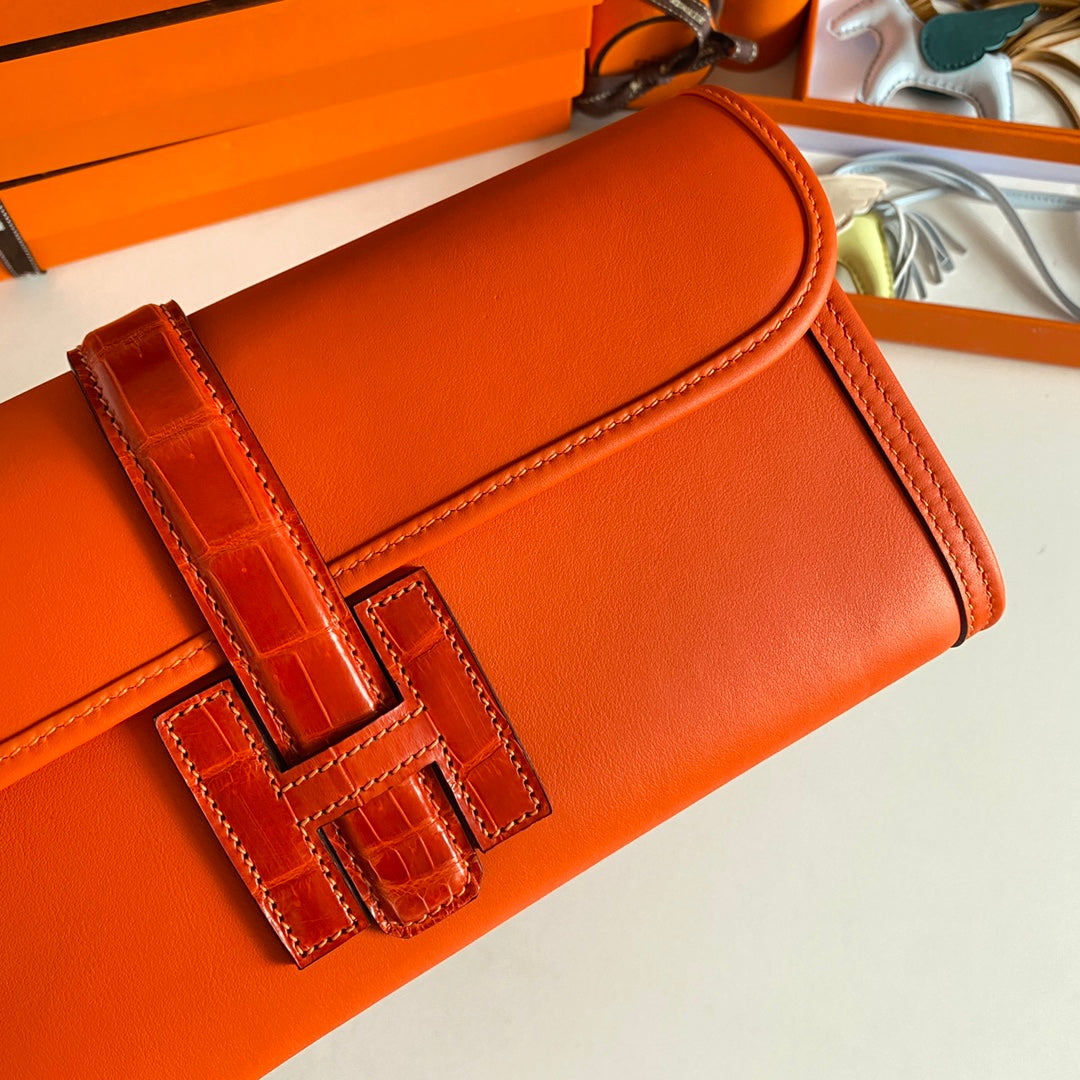 HM Jige Elan 29 Clutch In Bright Orange Calfskin With Lizard Skin(25 days of production)